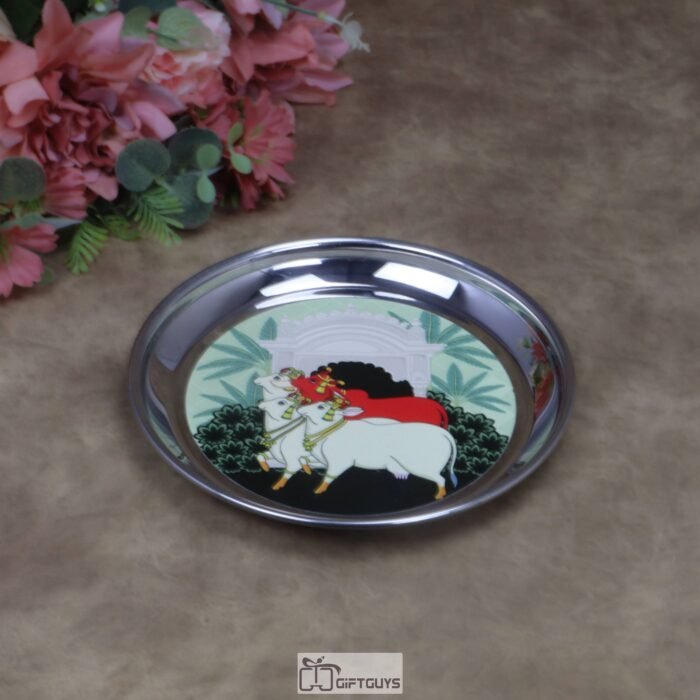 Traditional Kamdhenu Pichwai Print Stainless Steel Plate – 7x1 Inch Decorative Sacred Art Gifting Plate for Sweets & Wedding Favors (130g)