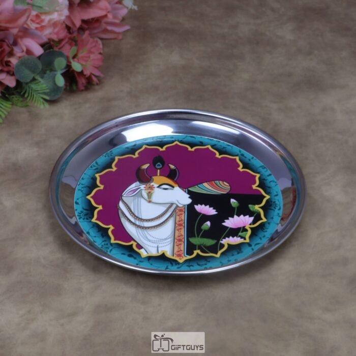 Traditional Kamdhenu Pichwai Print Stainless Steel Plate – 8x1 Inch Decorative Sacred Art Gifting Plate for Sweets & Wedding Favors (170g)