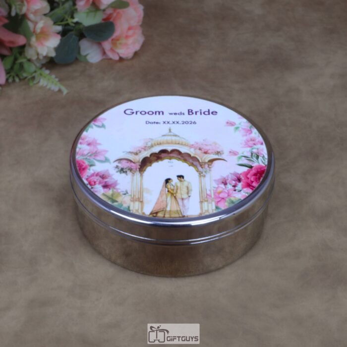 Customizable Wedding Print Stainless Steel Round Box – 6.5x2.5 Inch Personalized Decorative Gift Box for Sweets, Dry Fruits & Wedding Favors (320g)