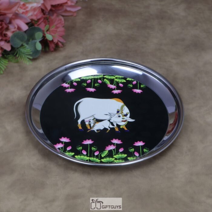 Traditional Kamdhenu Pichwai Print Stainless Steel Plate – 8x1 Inch Decorative Sacred Art Gifting Plate for Sweets & Wedding Favors (170g)