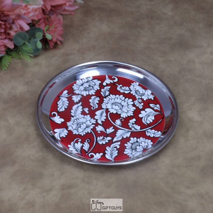 Elegant Crimson Floral Print Stainless Steel Plate – 8x1 Inch Decorative Multi-Purpose Gifting Plate for Sweets, Festive Hampers & Wedding Favors (170g)