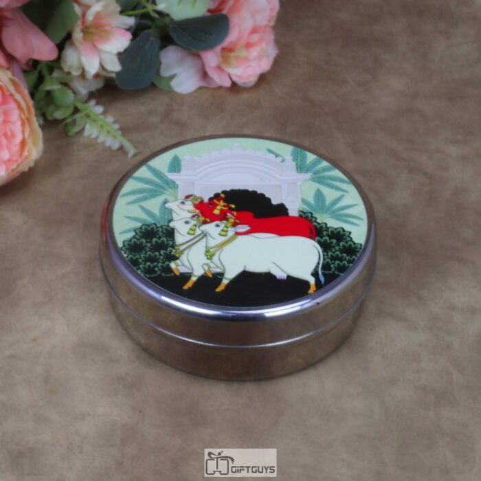 Traditional Kamdhenu Pichwai Print Stainless Steel Round Box – 5x1.75 Inch Decorative Sacred Art Gift Box for Sweets, Dry Fruits & Wedding Favors (170g)