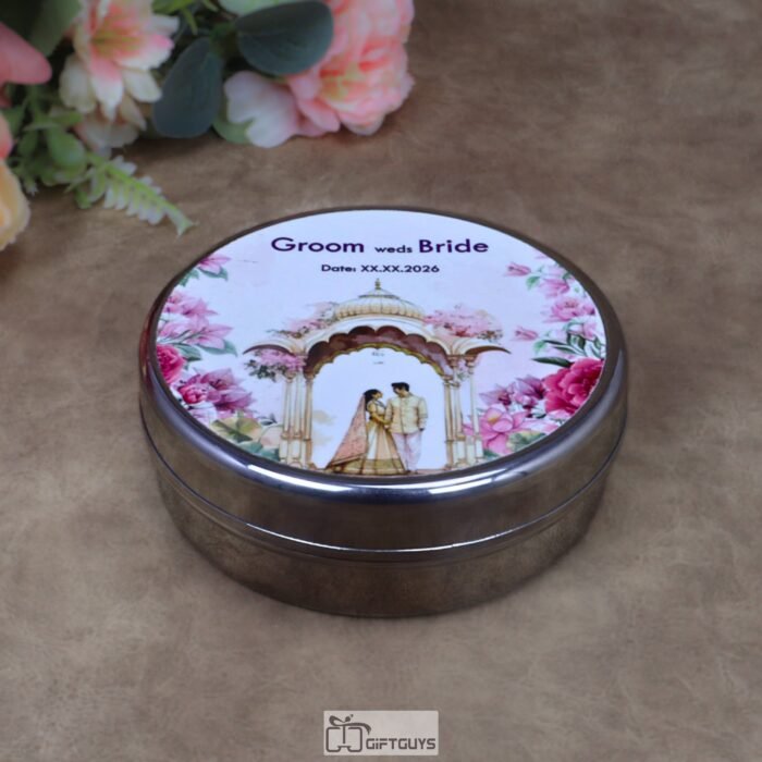 Customizable Wedding Print Stainless Steel Round Box – 5x1.75 Inch Personalized Decorative Gift Box for Sweets, Dry Fruits & Wedding Favors (170g)