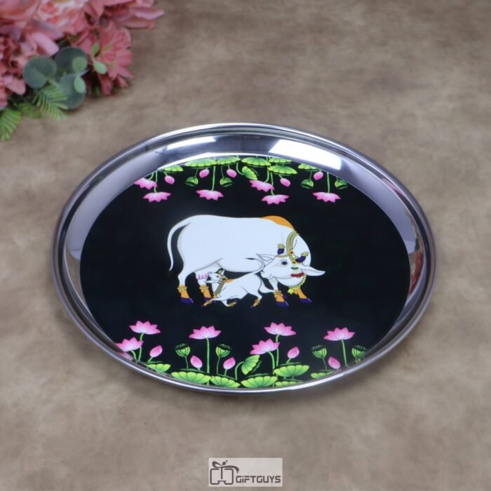 Traditional Kamdhenu Pichwai Print Stainless Steel Plate – 8x1 Inch Decorative Sacred Art Gifting Plate for Sweets & Wedding Favors (170g)