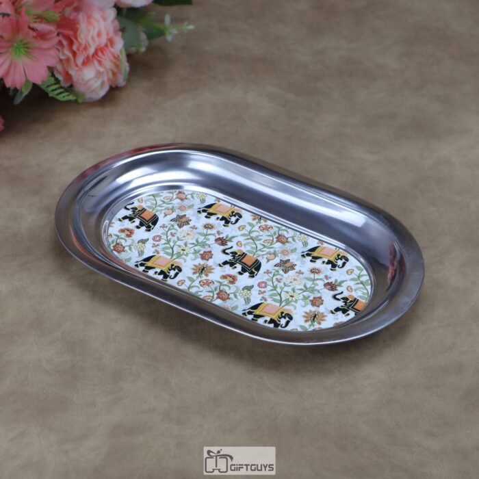 Traditional Royal Elephant Print Stainless Steel Serving Tray
