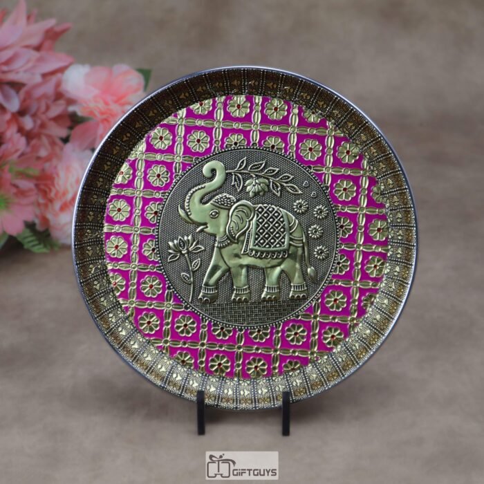9 Inch Oxidized Meenakari Elephant Embossed Stainless Steel Plate – Decorative Pooja Thali and Serving Platter in 4 Vibrant Colors