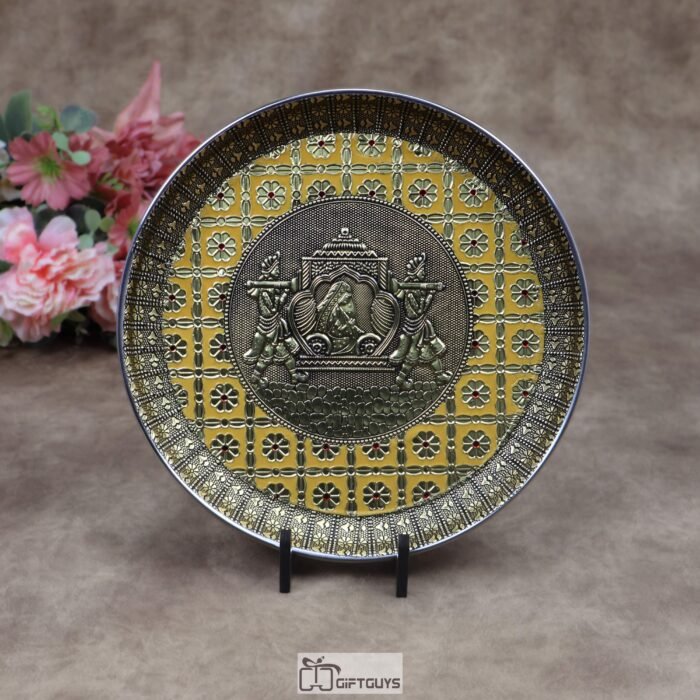 9 Inch Oxidized Meenakari Doli Design Embossed Stainless Steel Plate – Decorative Pooja Thali and Bridal Favor Platter in 4 Colors