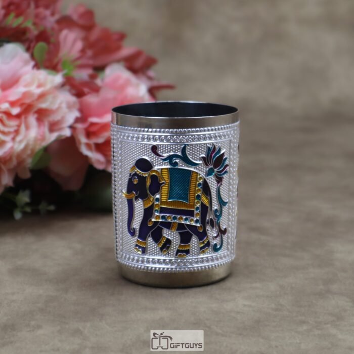Meenakari Embossed Stainless Steel Glass – 220ml Traditional Elephant Design Royal Drinkware in Gold, Silver & Rose Gold