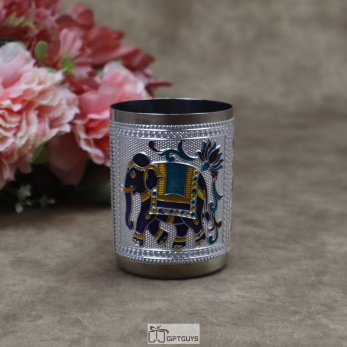 Meenakari Embossed Stainless Steel Glass – 220ml Traditional Elephant Design Royal Drinkware in Gold, Silver & Rose Gold