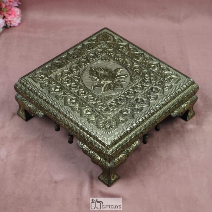 15x15 Inch Handcrafted Golden Oxidized Wooden Chowki – Royal Floral Embossed Pooja Bajot Table with Elephant Legs and Hanging Ghungroos