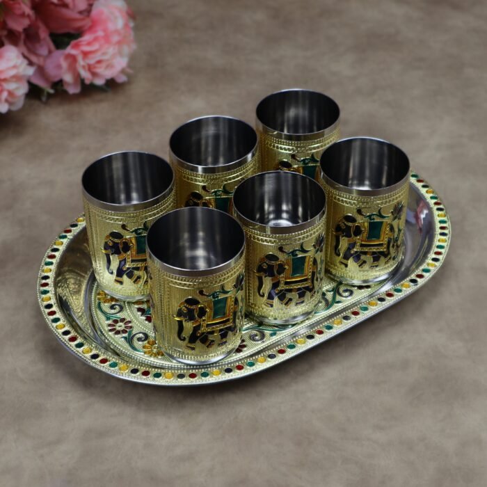 Royal Meenakari Stainless Steel Serving Tray with 6 Glasses Set (12x8.5 Inch Tray)