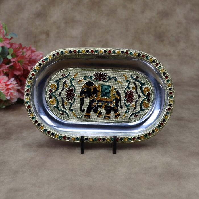 Royal Meenakari Stainless Steel Serving Tray – Traditional Elephant Embossed Oval Platter in Gold and Rose Gold