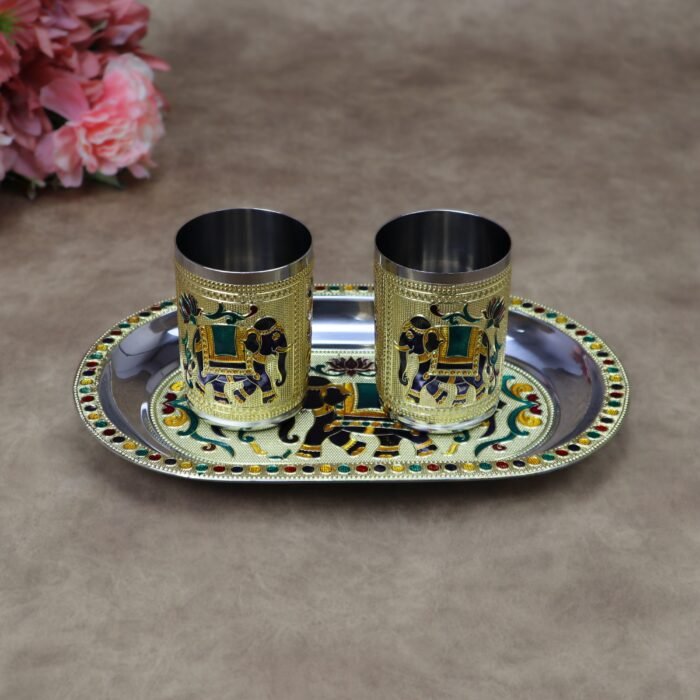 Royal Meenakari Stainless Steel Serving Tray with 2 Glasses Set (10.5x6.5 Inch Tray)