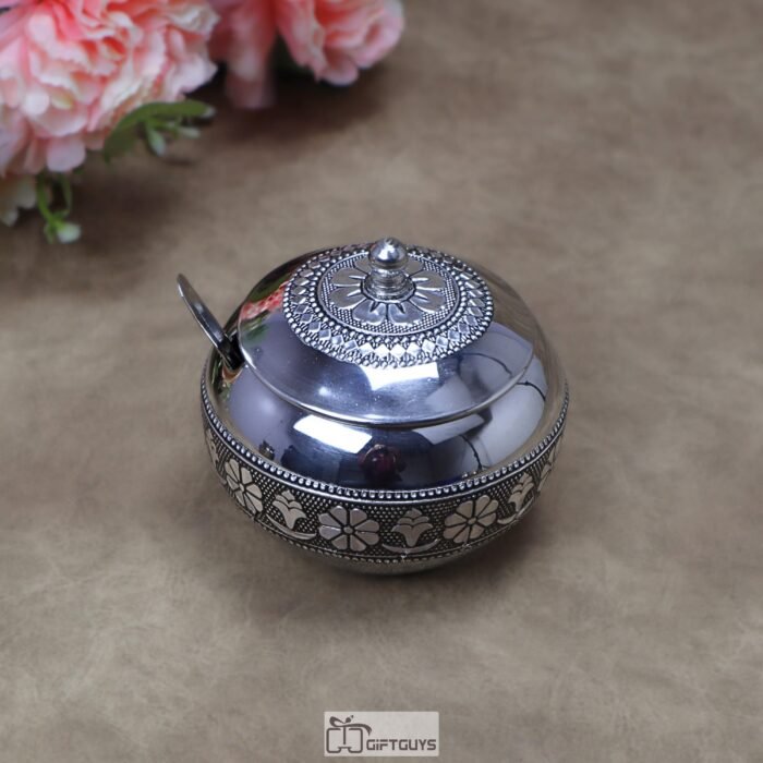 Multipurpose Handcrafted Oxidized Stainless Steel Pot with Lid & Spoon – Antique Silver Embossed Container for Ghee, Chutney & Mukhwas