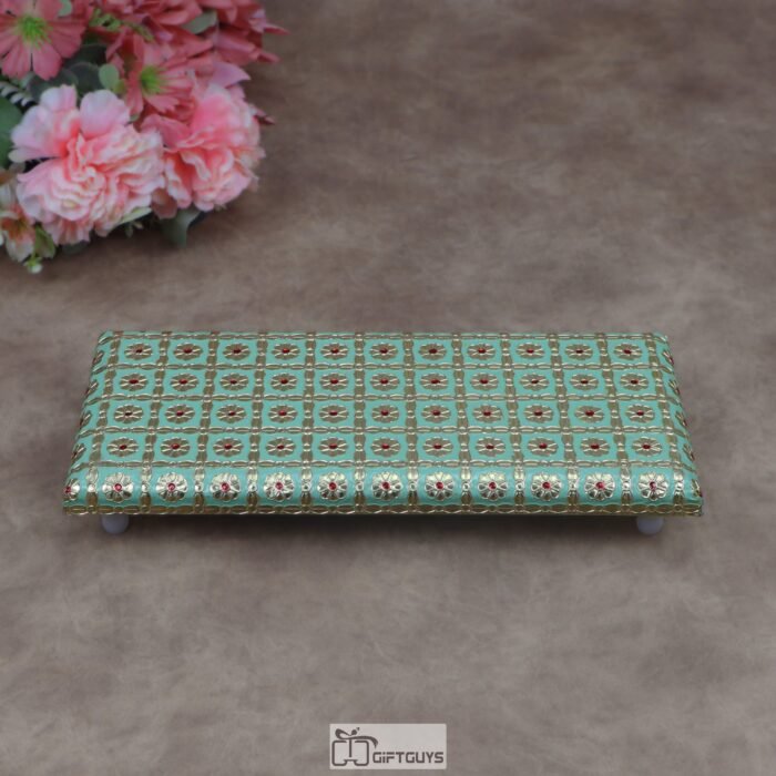 12x5 Inch Handcrafted Meenakari Wooden Manai – Mint Green Floral Embossed Pooja Bajot Low Stool for Idols
