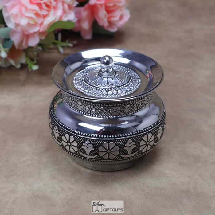 Handcrafted Oxidized Stainless Steel Matki Pot with Lid & Spoon – Traditional Antique Silver Embossed Handi Container for Ghee, Curd & Chutney