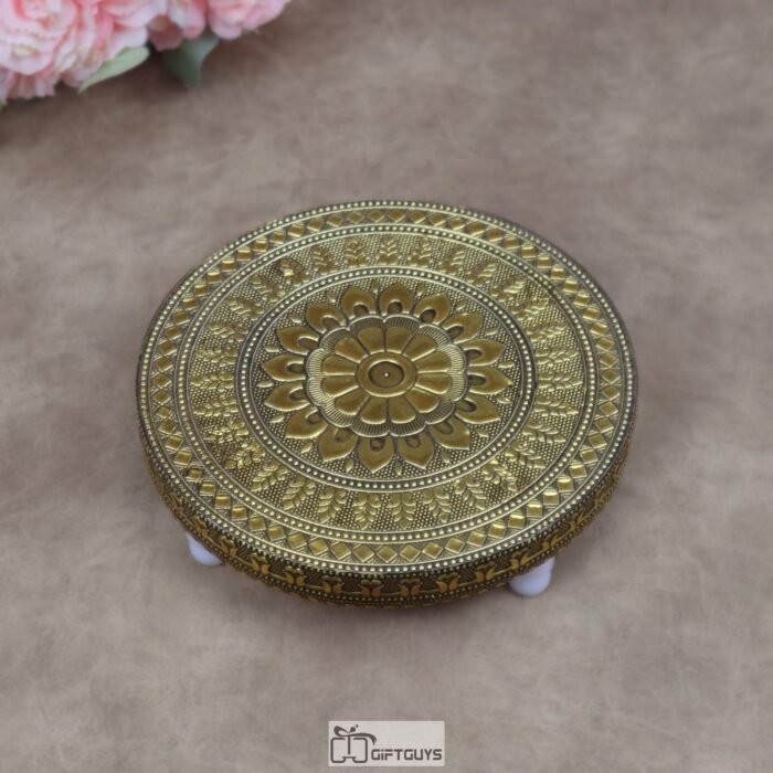 6.5 Inch Handcrafted Golden Oxidized Wooden Round Manai – Traditional Floral Embossed Small Pooja Bajot Low Stool