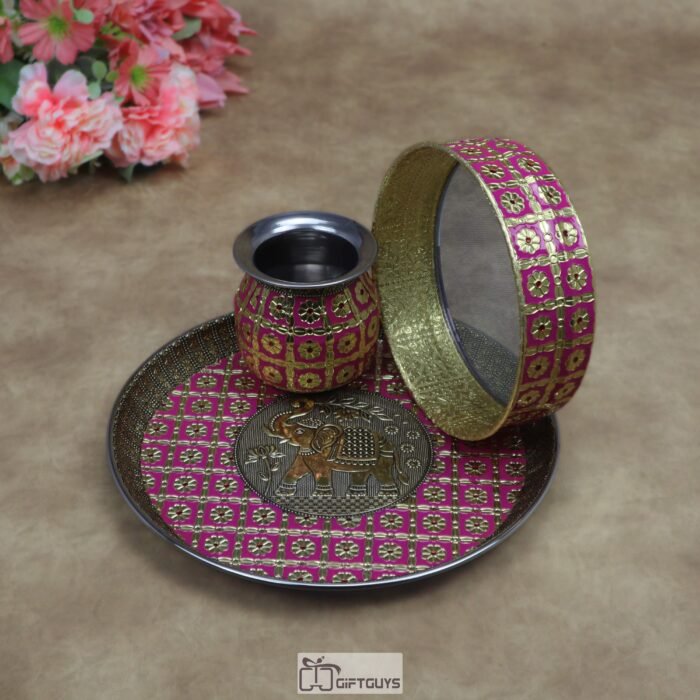 11 Inch Designer Meenakari Stainless Steel Karwa Chauth Pooja Thali Set with Chalani and Lota – Pink & Gold Royal Elephant Print Festive Gift Set