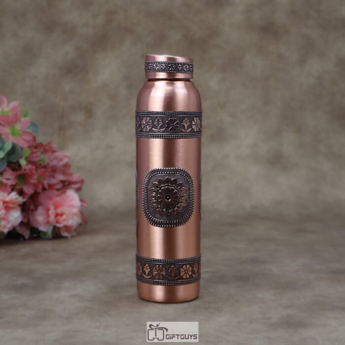 1 Litre Pure Copper Water Bottle with Embossed Aluminum Foil Design – 11 Inch Designer Ayurveda Health Bottle with Leak-Proof Cap
