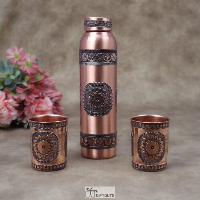 Pure Copper Water Bottle with 2 Matching Glasses Set (1 Litre Bottle & 250ml Tumblers) – Designer Embossed Foil Work Ayurveda Gift Combo