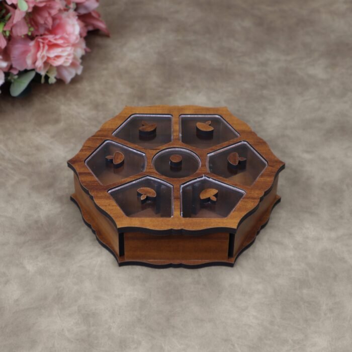 Handcrafted Flower Shaped Wooden Dry Fruit Box with 7 Compartments & Acrylic Lids