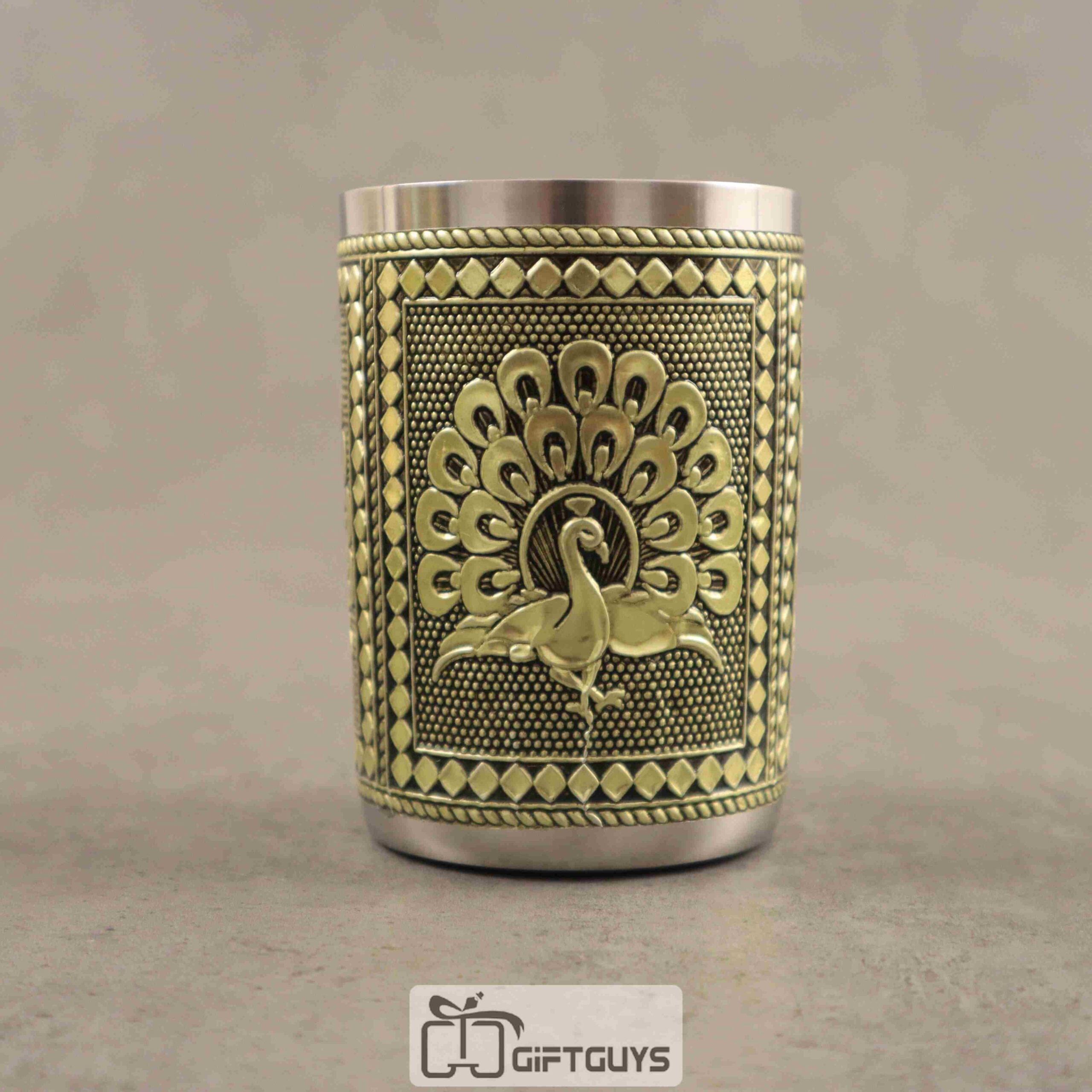 Peacock Design Stainless Steel Glass – 250 ml Traditional Engraved Tumbler for Home & Gifts
