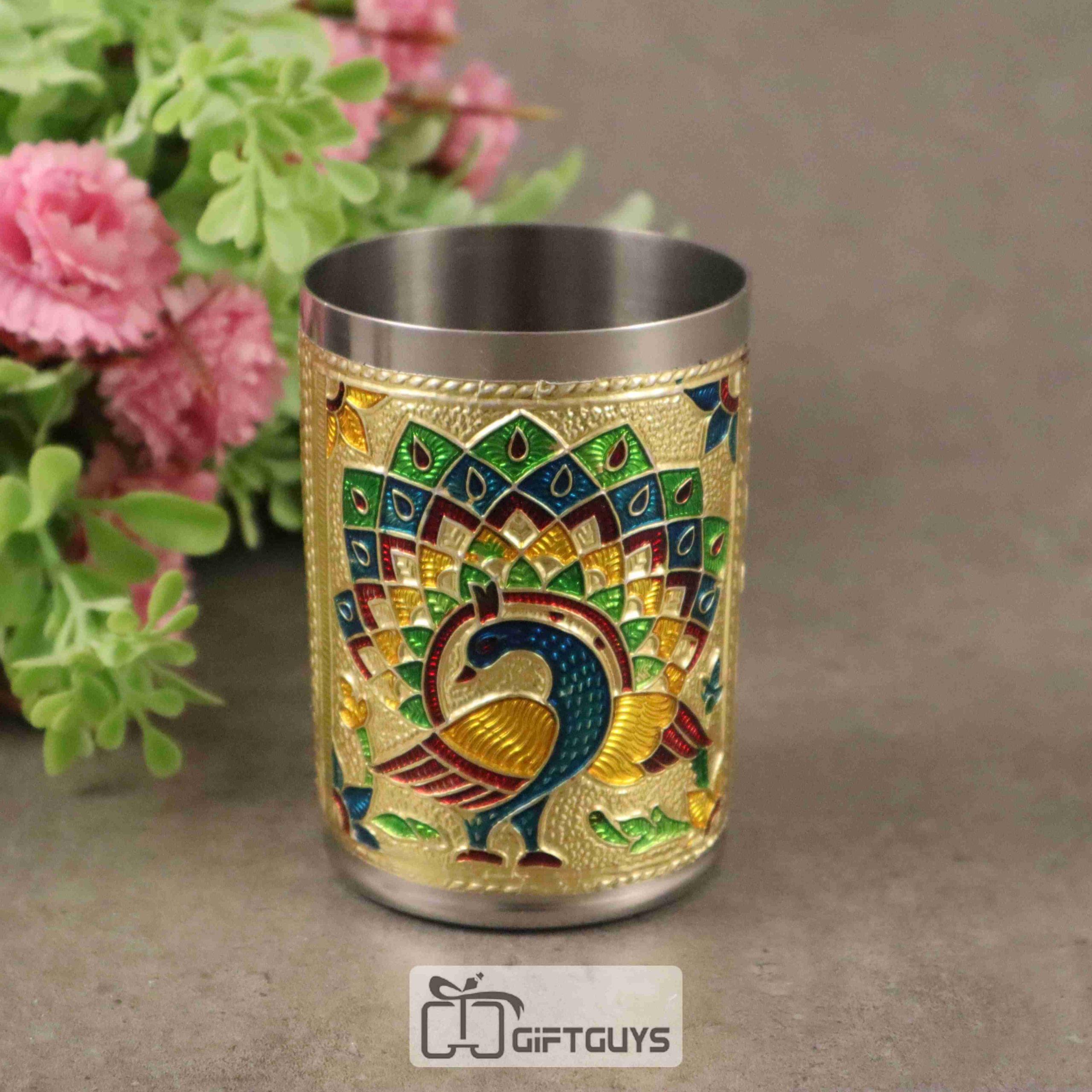 Meenakari Peacock Stainless Steel Glass – 250 ml Handcrafted Colorful Tumbler